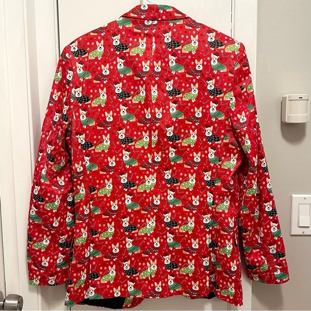 Suslo Couture Christmas Corgi Dog Mens M Red Blazer Slim Fit Lined party holiday
